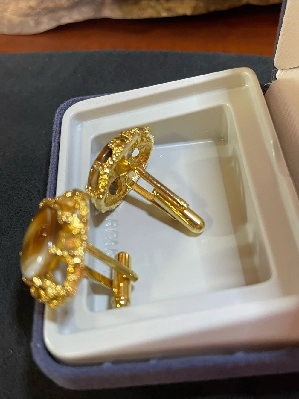 Pristine Vintage Condition/ Plated Gold-Tone Nugget Style Cabochon Cufflinks